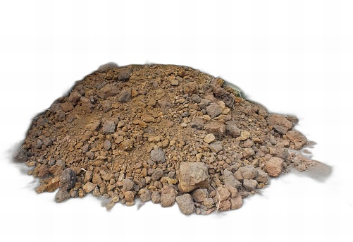 a photography of a pile of dirt and rocks on a white surface, face powdered pile of rocks and gravel on a white surface.