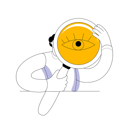 A character in casual clothing holding a huge magnifying glass. Huge eyes. Vector illustration. Searching for something among the data.
