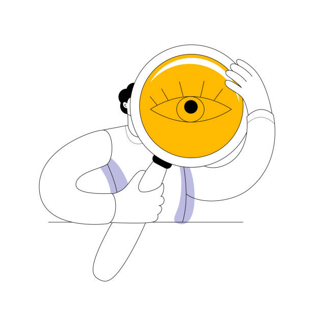 A character in casual clothing holding a huge magnifying glass. A character in casual clothing holding a huge magnifying glass. Huge eyes. Vector illustration. Searching for something among the data. cartoon of a searching stock illustrations