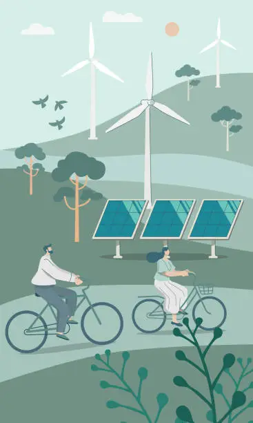 Vector illustration of Men and Women riding bicycles in wind farms that produce electricity, Characters living healthy lifestyle.