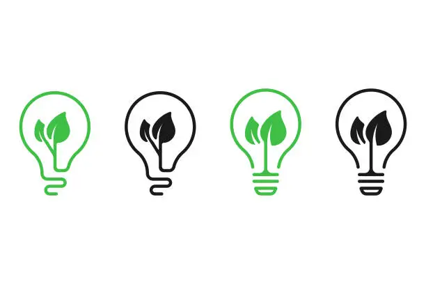 Vector illustration of Sustainable Energy Icon. Eco Green Light Bulb Icon Set Vector Design on White Background.