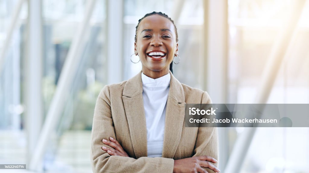 Face, funny lawyer and black woman in office for business in corporate company. African attorney, portrait and happy person, professional or legal advocate, worker or employee from Nigeria laughing Real Estate Agent Stock Photo