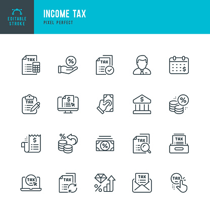 INCOME TAX - set of vector linear icons. 20 icons. Pixel perfect. Editable outline stroke. The set includes a Tax, Tax Form, Tax Calculation, Tax Deduction, Bank, Calendar Date, Deadlaine, Financial Bill, Currency, Audit, Paycheck, Paying, Progressive Tax.