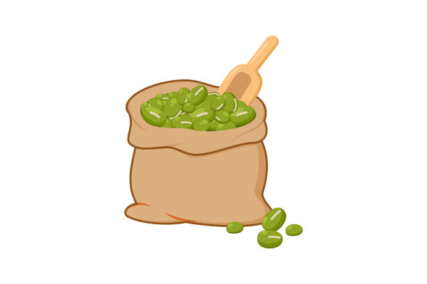 ilustrações de stock, clip art, desenhos animados e ícones de green peas in a bag with a wooden spoon on it isolated on a white background - soybean isolated seed white background