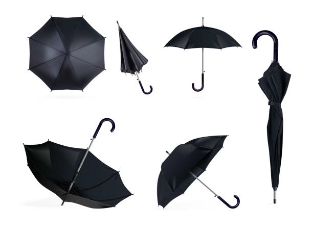 istock Realistic black umbrella. Umbrellas mockup, open and closed umbel render rain or sun weather accessories, dark parasol waterproof tent isolated object, exact vector illustration 1652254209