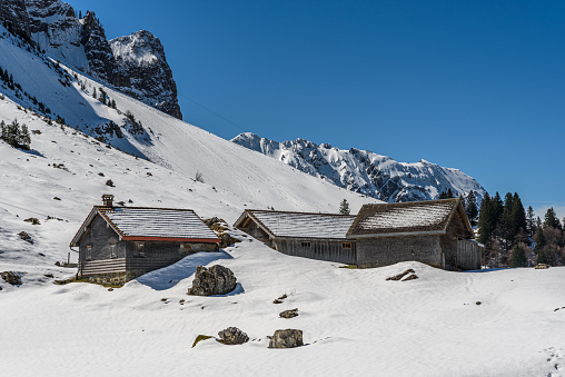 Wooden huts in snow in the Appenzell Alps, Schwaegalp, Appenzell Ausserrhoden, Switzerland