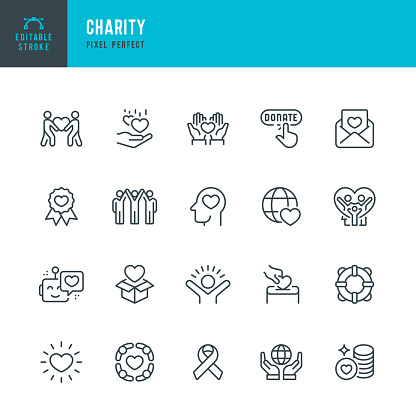 CHARITY - set of vector linear icons. 20 icons. Pixel perfect. Editable outline stroke. The set includes a Charity, Charitable Donation, Happy Family, Donation Box, Heart Shape, Life Belt,  Volunteers, Donation Button.