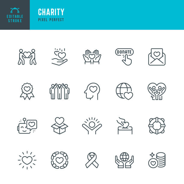 CHARITY - set of vector linear icons. Pixel perfect. Editable stroke. The set includes a Charity, Charitable Donation, Happy Family, Donation Box, Heart Shape, Life Belt, Volunteers, Donation Button. CHARITY - set of vector linear icons. 20 icons. Pixel perfect. Editable outline stroke. The set includes a Charity, Charitable Donation, Happy Family, Donation Box, Heart Shape, Life Belt, Volunteers, Donation Button. preserver of the universe stock illustrations
