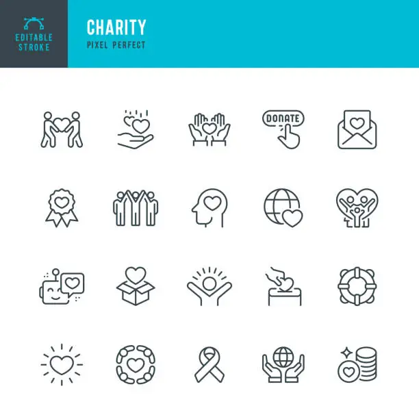 Vector illustration of CHARITY - set of vector linear icons. Pixel perfect. Editable stroke. The set includes a Charity, Charitable Donation, Happy Family, Donation Box, Heart Shape, Life Belt,  Volunteers, Donation Button.