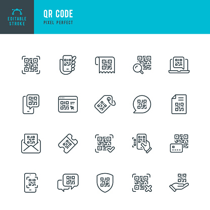 QR Code - set of vector linear icons. 20 icons. Pixel perfect. Editable outline stroke. The set includes a QR Code, Data Coding, Security Code, QR Code Identification, QR Code Scanner, Paycheck, Certificate, Price Tag, Letter.