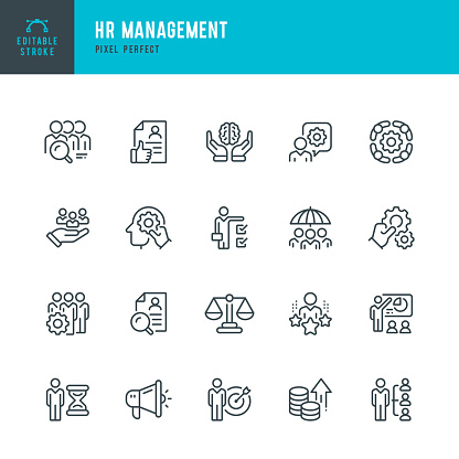 HR Management - set of vector linear icons. 20 icons. Pixel perfect. Editable outline stroke. The set includes a Human Resources, Management, Team Building, Recruitment, Resume, Job Retraining, Personal Targets, Promotion, Insurance, Learning, Presentation, Career, Workflow.