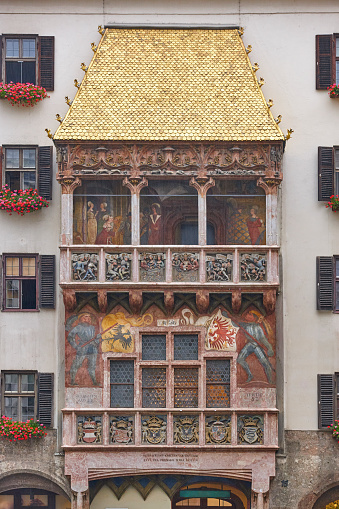Goldenes dachl. Golden tiles in a decorated balcony. Innsbruck, Austria
