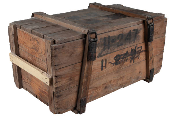 istock Army ammunition wooden crate. Text in russian - type of ammunition, projectile caliber, projectile type, number of pieces and weight. 1652322969