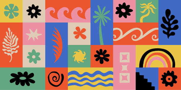 illustrations, cliparts, dessins animés et icônes de logo vectoriel et modèles de conception d’impression, palmiers d’été, illustrations tropicales dessinées à la main, concept de surf tropical, vacances et voyages, palmiers et éléments hippies boho - surf