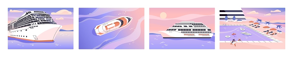 Resort on cruise liner at summer holidays set. Ship floating on the ocean, top view. Vessel journey on water. People relax in swimming pool on cruiser. Voyage, sea travel. Flat vector illustration.