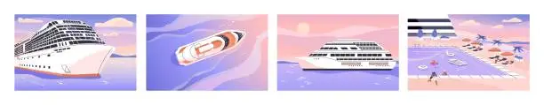 Vector illustration of Resort on cruise liner at summer holidays set. Ship floating on the ocean, top view. Vessel journey on water. People relax in swimming pool on cruiser. Voyage, sea travel. Flat vector illustration