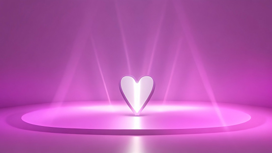 pink background with heart and spotlights, 3d render illustration