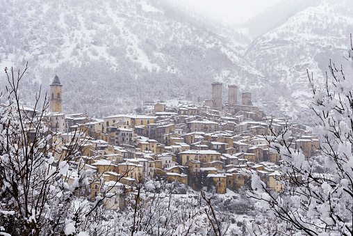 View of the medieval village of Pacentro with the castle and the bell tower in the background, winter view, Apennines, Majella National Park, L'Aquila province, Abruzzo, Italy, Europe