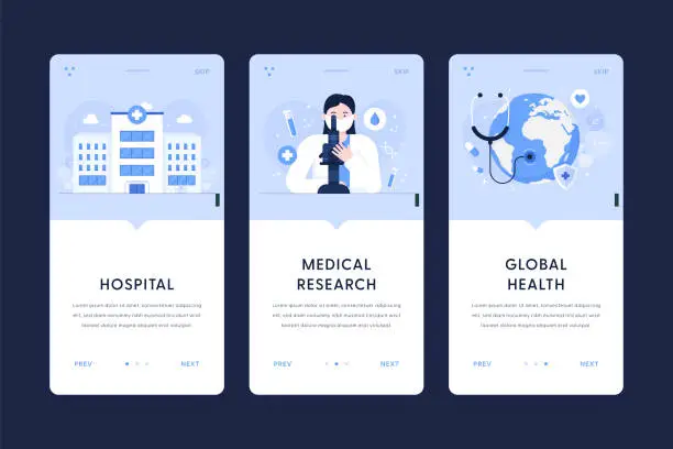 Vector illustration of Hospital, Medical Research, Global Health Illustrations. User Onboarding Templates for mobile apps