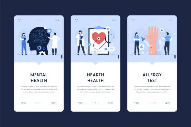 Vector illustration of Mental Health, Heart Health, Allergy Test Illustrations. User Onboarding Templates for mobile apps