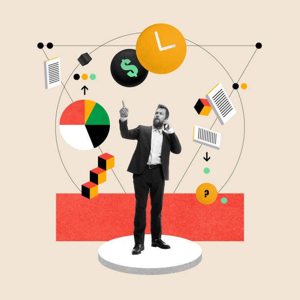 istock Concentrated and serious businessman talking on mobile phone, working with financial analytics. Contemporary art collage. 1652373797