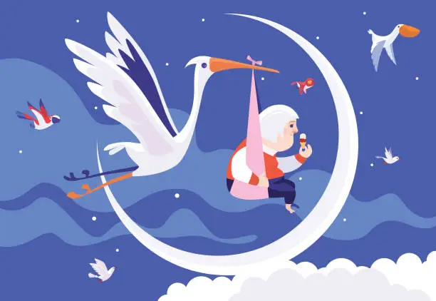 Vector illustration of stork flying and delivering senior woman who holding ice-cream cone