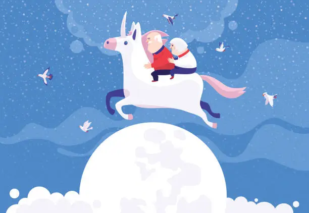 Vector illustration of senior couple riding unicorn and jumping over moon