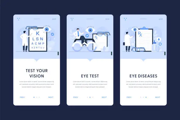 Vector illustration of Test Your Vision, Eye Test, Eye Disease Illustrations. User Onboarding Templates for mobile apps