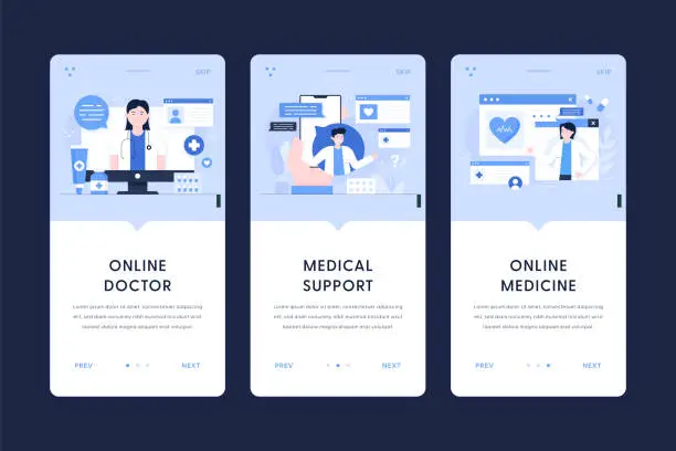 Vector illustration of Online Doctor, Medical Support, Online Medicine Illustrations. User Onboarding Templates for mobile apps