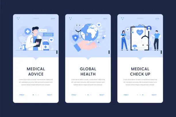 Vector illustration of Medical Advice, Global Health, Medical Checkup Illustrations. User Onboarding Templates for mobile apps