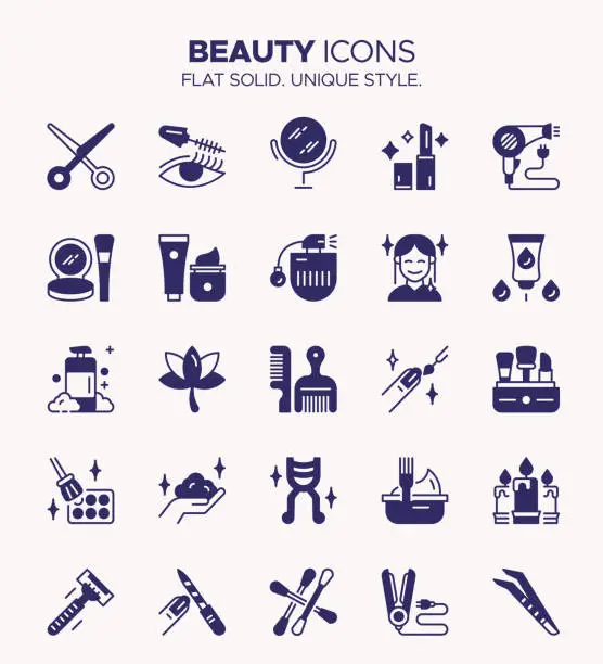 Vector illustration of Beauty Icon Set Solid Style - Makeup, Cosmetics, Skincare, SPA, Wellness, Glamour Symbols