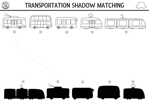 Vector illustration of Transportation black and white shadow matching activity. Public transport line puzzle with cute bus, tram, train. Find correct silhouette printable worksheet. Funny coloring page for kids
