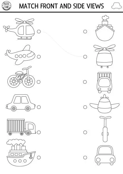 Vector illustration of Transportation black and white matching activity with cute side and front view of helicopter, plane, car, truck, ship. City transport puzzle. Match objects game. Match up coloring page with vehicle