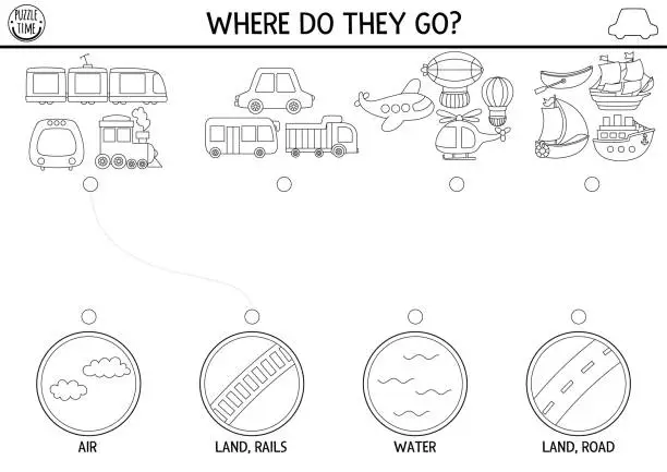 Vector illustration of Transportation black and white matching activity with cute plane, ship, train, places they go. Air, water, land, railway transport puzzle. Match objects game. Match up coloring page with vehicle