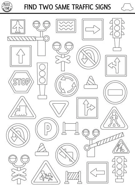 Vector illustration of Find two same road signs. Transportation black and white matching activity for children. City traffic line educational quiz worksheet for kids. Printable coloring page road rule plates