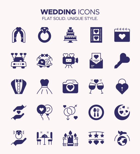 hochzeits-icon-set im soliden stil - braut und bräutigam, hochzeit, zeremonie, ringe, liebe, feiersymbole - seth stock-grafiken, -clipart, -cartoons und -symbole