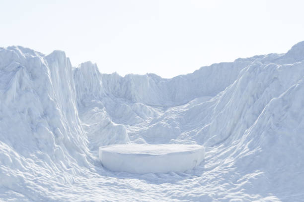 istock 3d render winter platform and natural podium background, Stone podium on the ice snow mountain, Backdrop clear sky for product display, advertising, cosmetic skincare or etc 1652401136