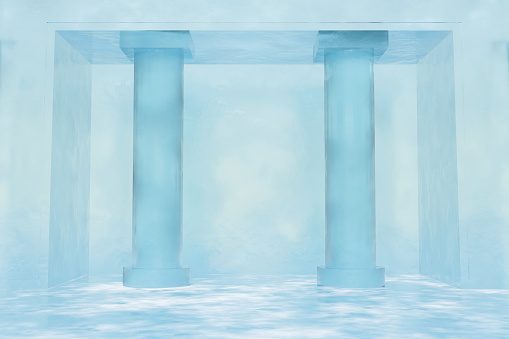 Abstact 3d render winter scene and Natural podium background, Ice building with two pillars for product display, advertising, mock up or etc
