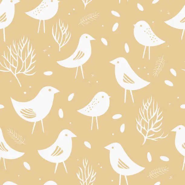 Vector illustration of Vintage seamless pattern with birds, flowers, leaves, branch, isolated on soft yellow background.