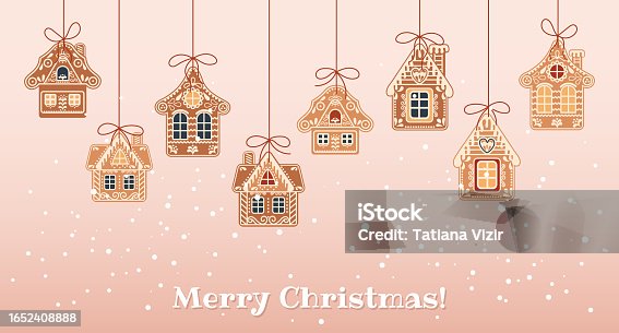 istock Christmas background with hanging cute gingerbread houses in the snow, greeting card template. Illustration in flat style. 1652408888