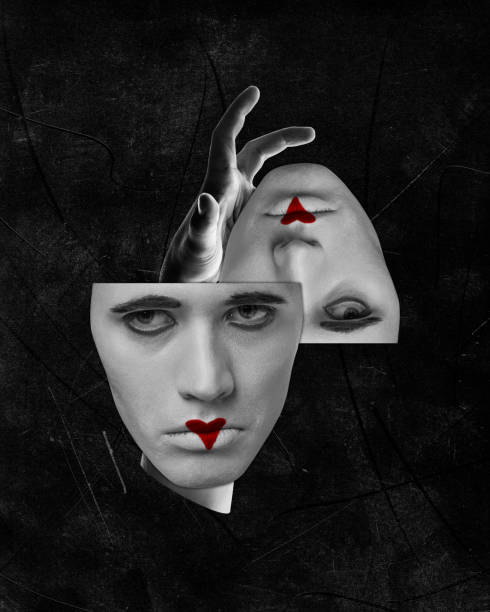 Man, panthomine with sad faces. Black and white image. Upside down look. Weird world. Contemporary art collage. Concept of surrealism, Halloween, creepy art, imagination and fantasy. Flyer, ad