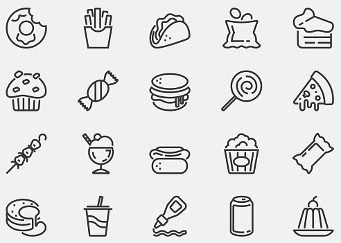 Junk Food Line Icon.Fast food, Burger, combo lunch, french fries, hot dog, sauce, salad, soup, pizza, Diet food, Street Food, Food Delivery, Food, drink, Restaurant, mexican burrito, fat, carbohydrate