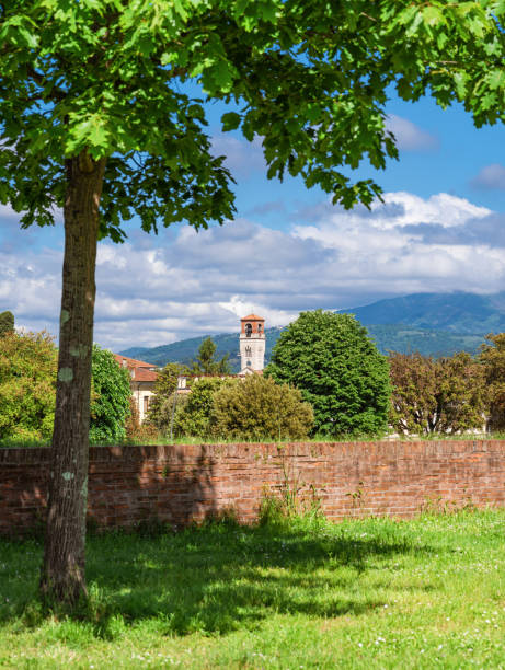View of Sant'Anna Church old bell tower from Lucca city ancient walls park
