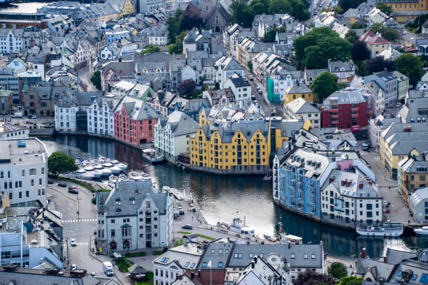 istock Ålesund, Norway: upper panoramic view of the city center 1652426595