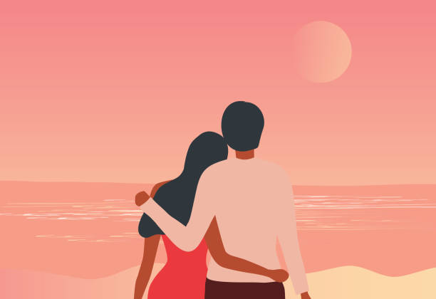 Loving couple embracing and looking  moon on the beach in sunset sky background vector illustration. Love, happy valentine's day, honeymoon and wedding concept Loving couple embracing and looking  moon on the beach in sunset sky background vector illustration. Love, happy valentine's day, honeymoon and wedding concept anniversary silhouettes stock illustrations