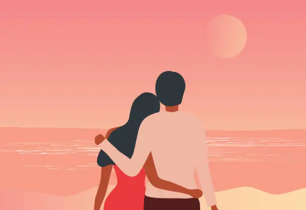 Vector illustration of Loving couple embracing and looking  moon on the beach in sunset sky background vector illustration. Love, happy valentine's day, honeymoon and wedding concept
