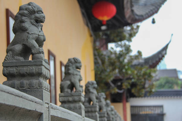 Shanghai, China - October 05, 2016 - The design of the exterior space and the courtyard of the temple with various artistic elements that show signs of Buddhism and Chinese culture