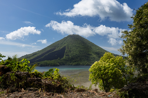 View of Gunung Api volcano from Banda Besar island, Banda islands, Maluku.