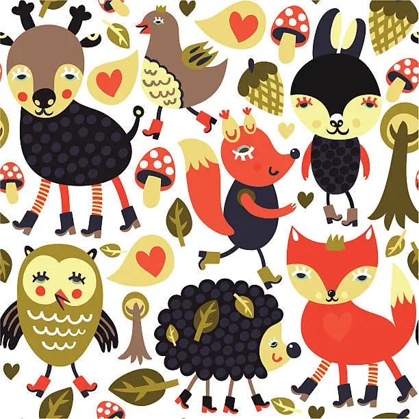 Vector illustration of Colorful seamless pattern with woodland animals and birds