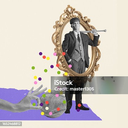 istock Retro style portrait of serious man in suit, cap and baseball bat standing in mirror frame. Contemporary art collage. 1652468812